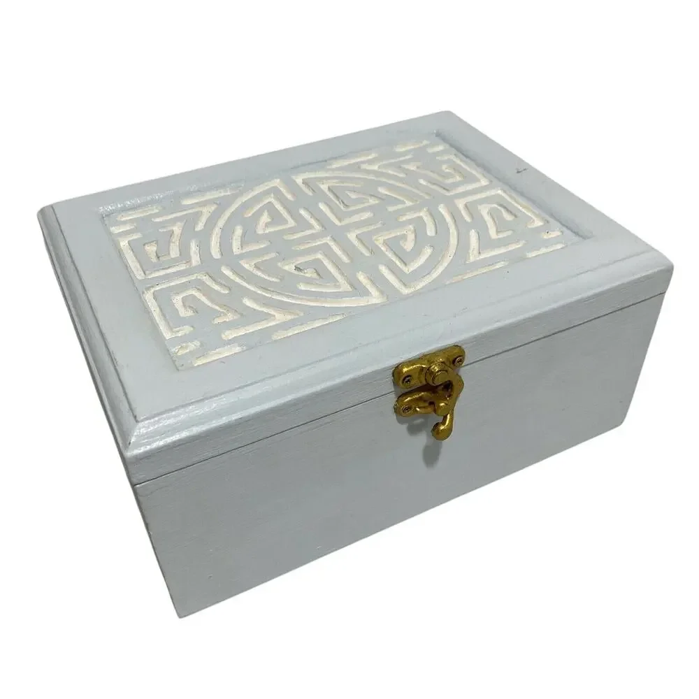 Vintage jewelry trinket keepsake box modified wood painted blue & white crafted